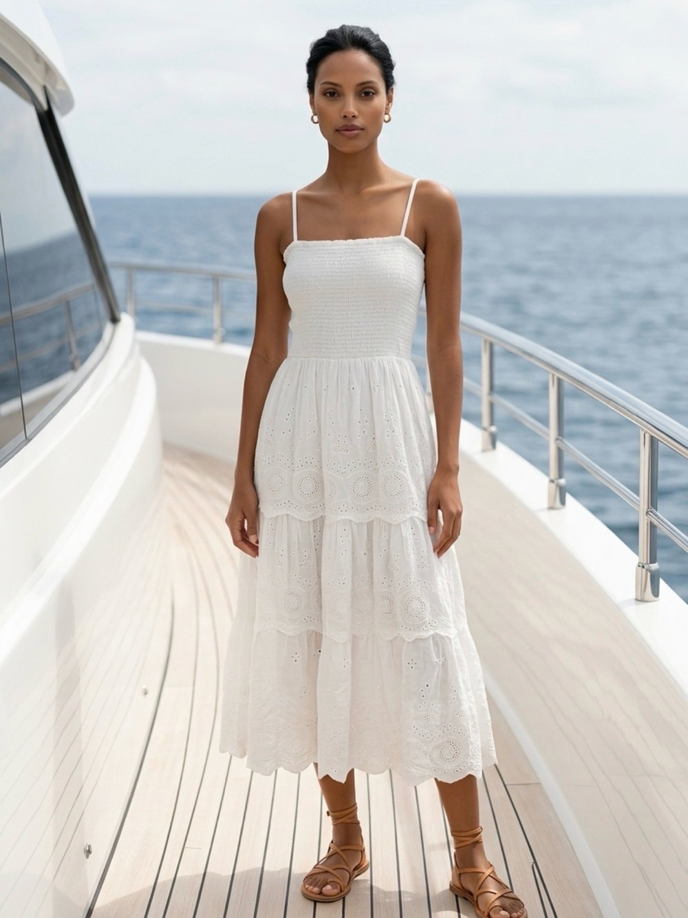 Solitaire White Eyelet Tiered Midi Sundress